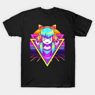 Vaporwave Anime Girl Otaku Sunset Geometric Grid T-Shirt